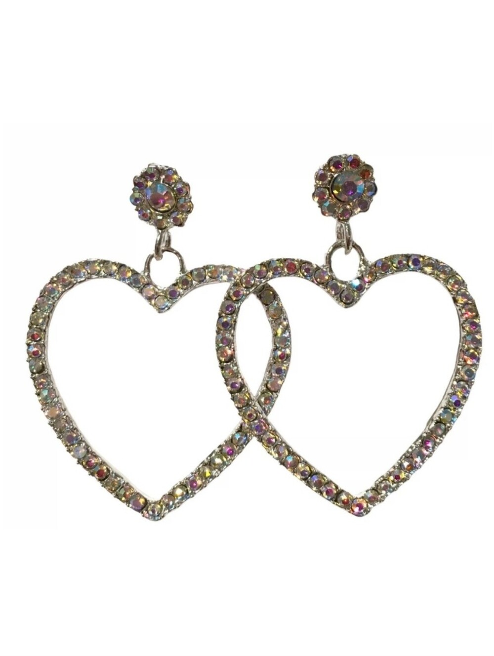 Silver Iridescent Rhinestone Heart Earrings